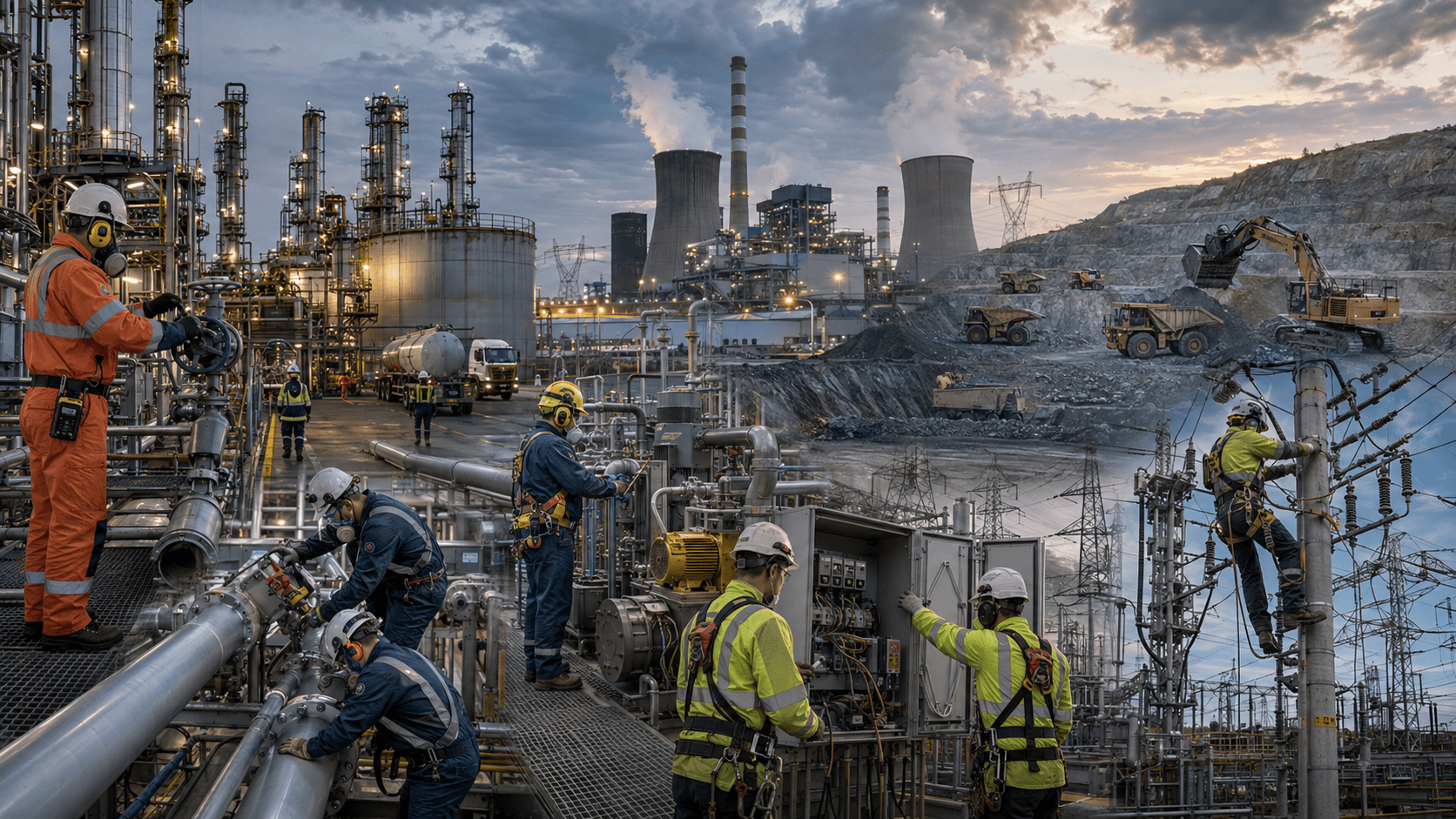 Refinery, power generation and mining operations, with workers in flame-resistant coveralls, hard hats, hearing protection and full-body harnesses.